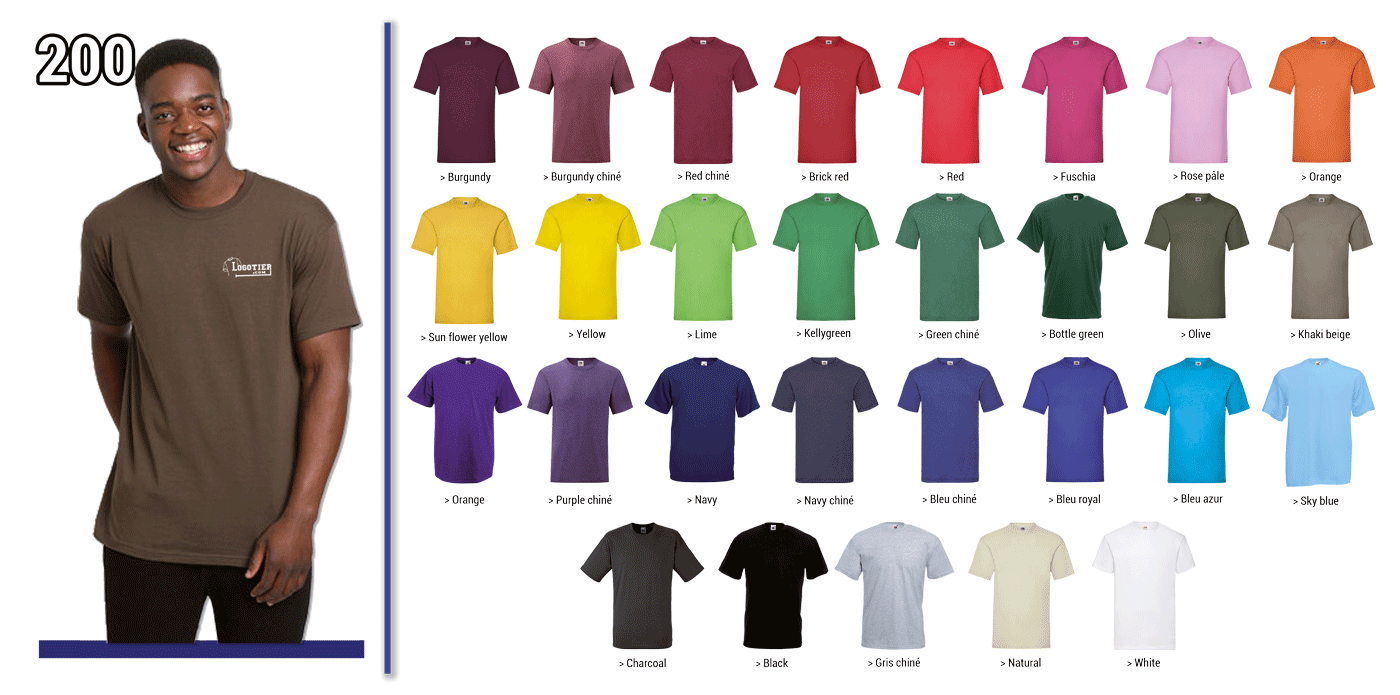 200 - Tee-shirt  160 GRS // Modèle 1

Grammage : 160 grs - Composition : 100% coton - Fruit Of the Loom
Tailles : S - M - L - XL - XXL